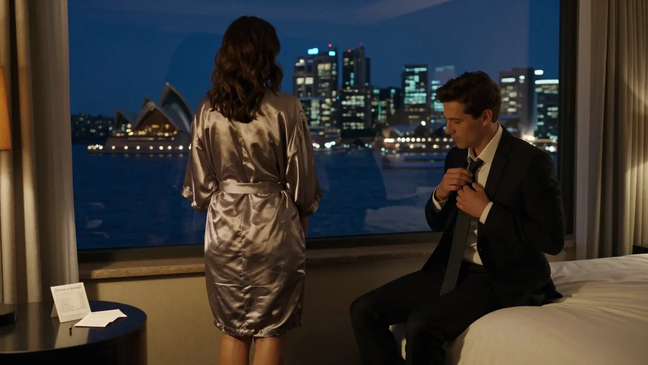 A discreet hotel room in Sydney with a view of the harbor at night.
