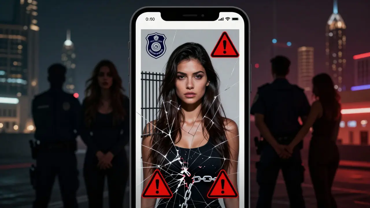 A fake escort ad on a phone screen with warning symbols overlaying a shadowy arrest scene.