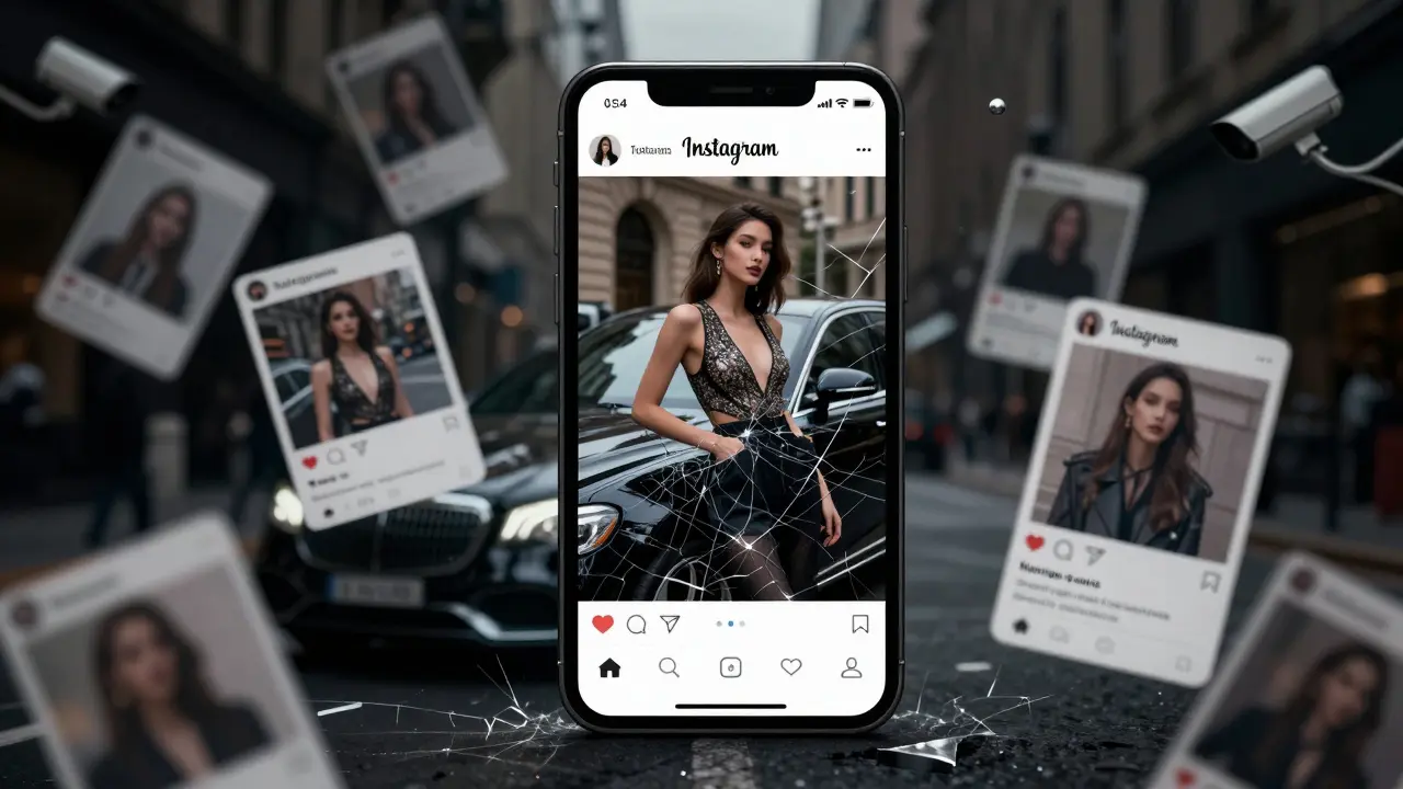 A glowing phone screen showing fake escort ads, surrounded by stolen photos and digital surveillance icons.