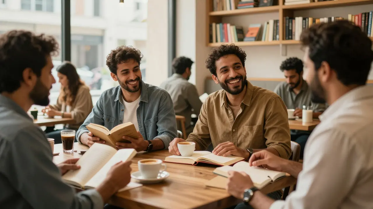 A group of diverse people sharing coffee and conversation in a cozy Dubai bookstore café.