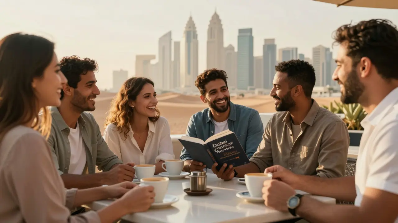 A group of expats enjoy coffee at a rooftop lounge in Dubai during golden hour, laughing together in a safe, social setting.