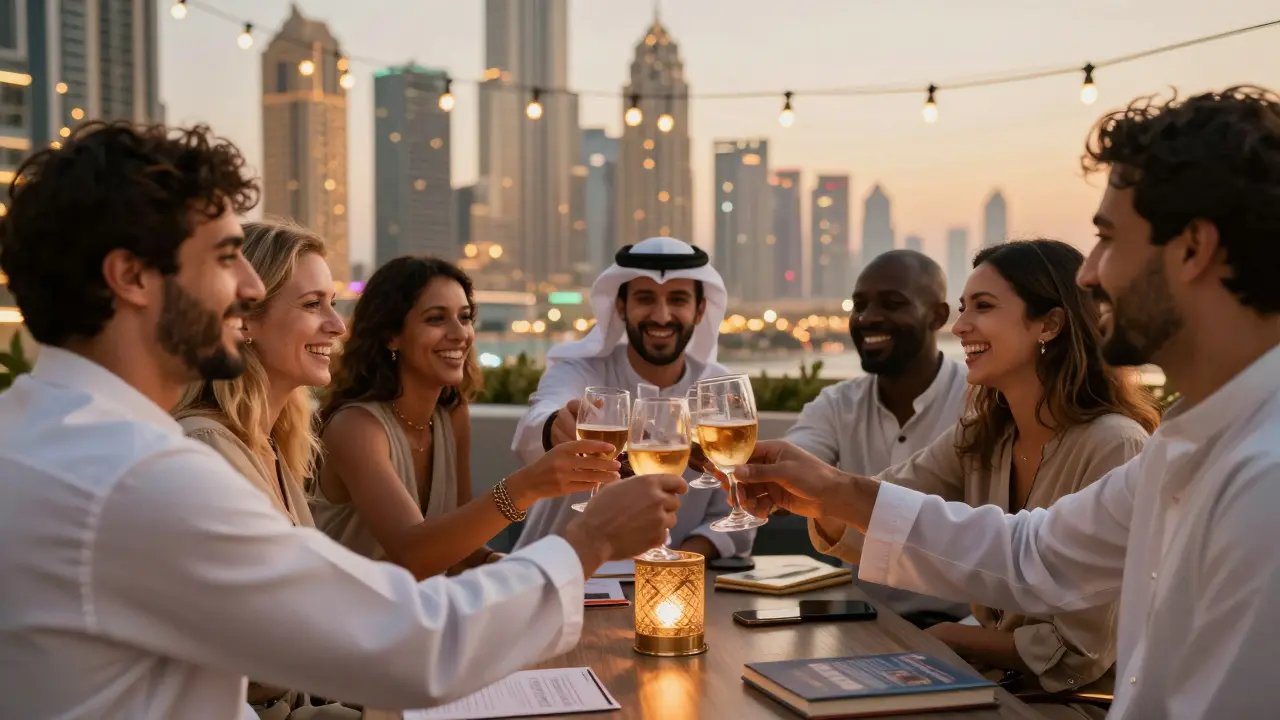 A group of travelers enjoy laughter and drinks at a rooftop lounge in Dubai, surrounded by the city's glowing skyline.