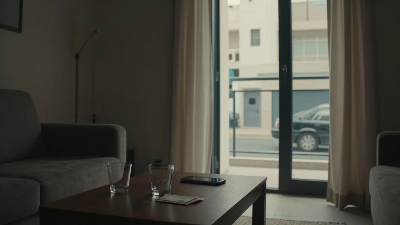 A modest apartment interior with lamplight, two empty glasses, and a cash envelope on a table, conveying privacy and aftermath.