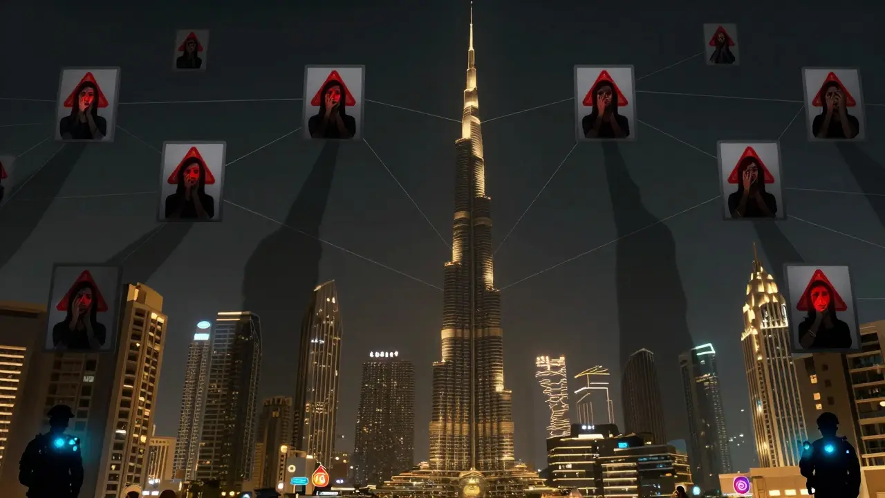 A network of digital threads connects fake profiles to hidden apartments under Dubai's skyline, with police sirens in the distance.