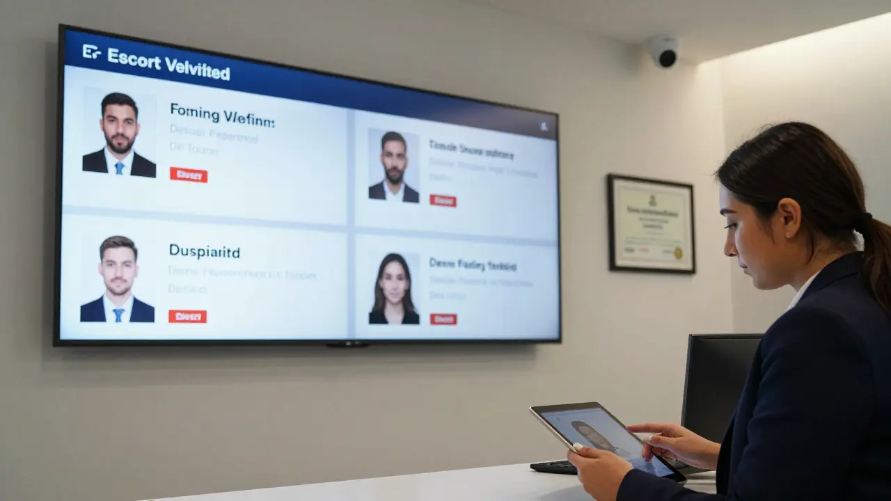 A professional agency office in Dubai displaying verified escort profiles on digital screens.