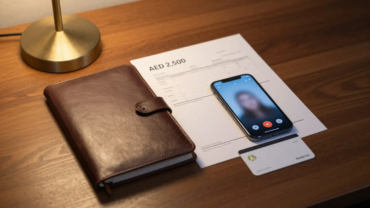 A professional companionship invoice, video call screen, and hotel keycard on a wooden desk.