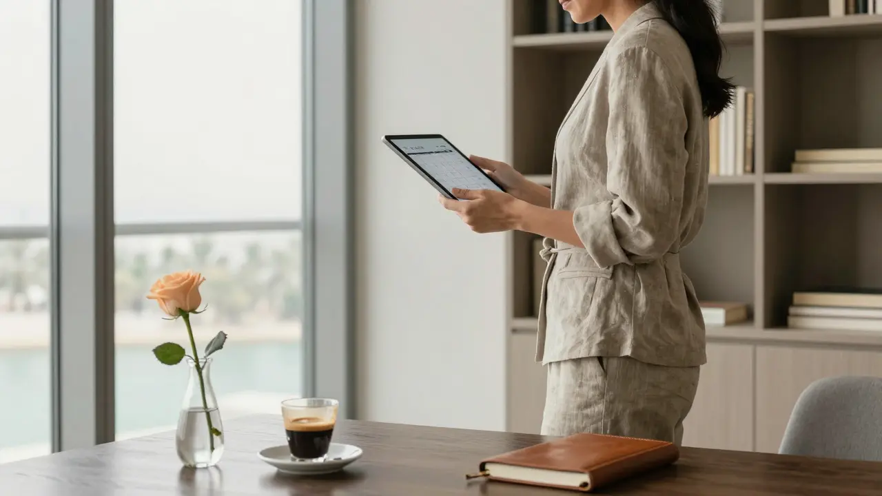 A professional woman in a minimalist apartment with a notebook and espresso, surrounded by calm morning light.