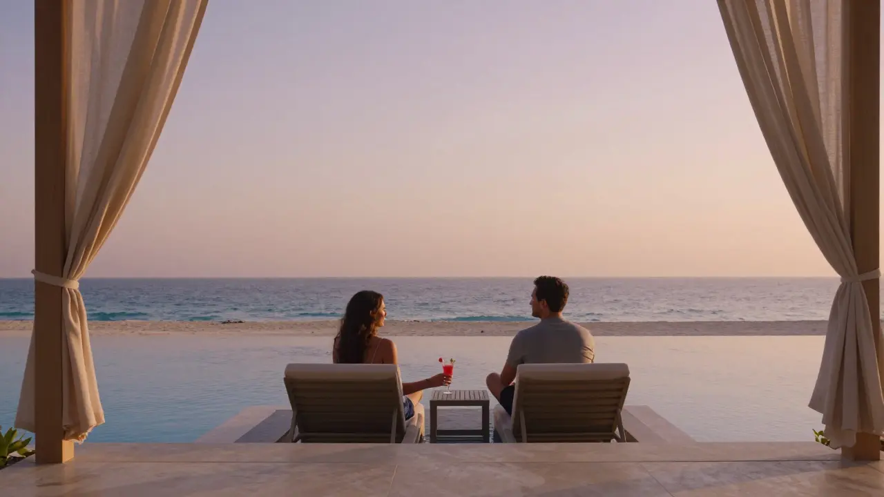 A quiet couple at Cielo Beach Dubai lounging by an infinity pool that merges with the sea at golden hour.
