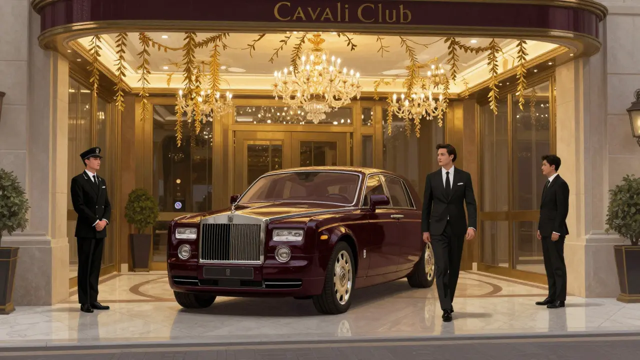 A Rolls-Royce Phantom arrives at Cavalli Club’s entrance as a bouncer greets a well-dressed couple under golden ambient lighting.