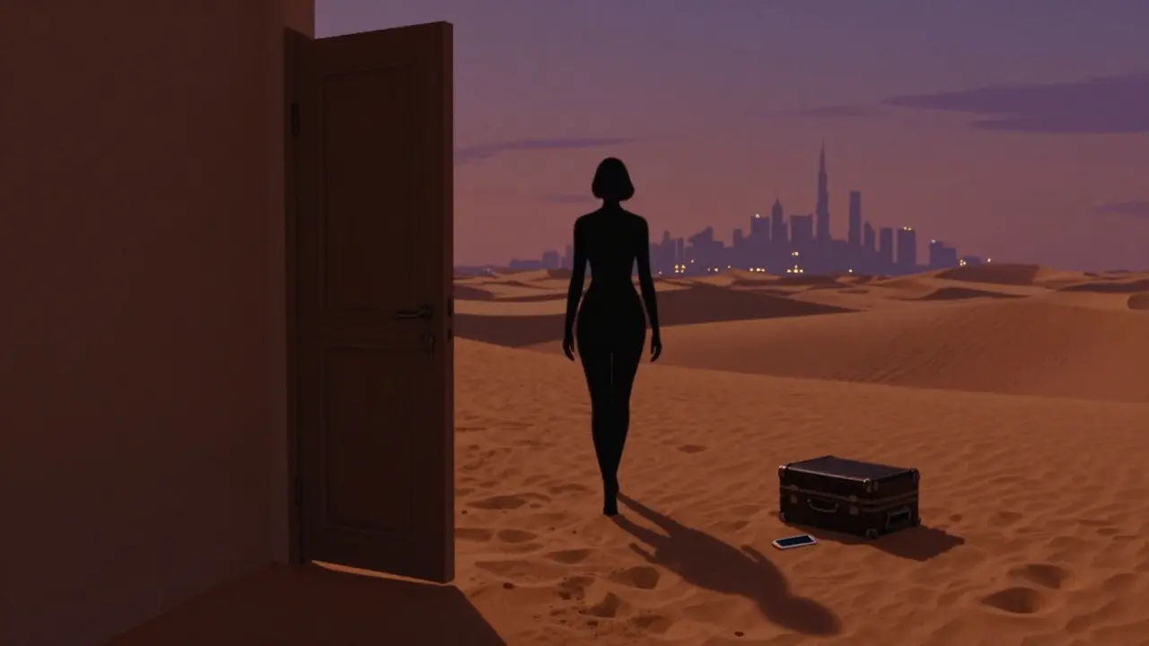 A shadowy figure walks away from a locked villa door in the desert at dusk, with a suitcase and phone left behind on the sand.