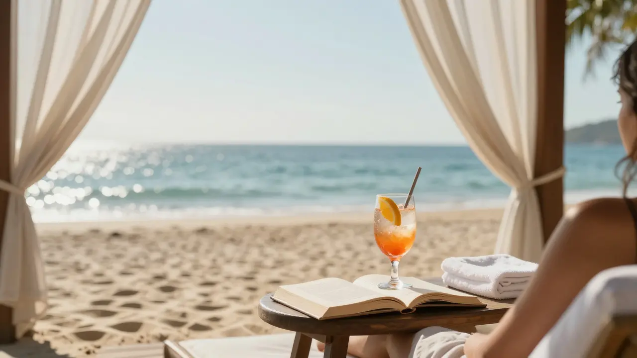 A solitary person relaxing in a private cabana with a book and drink, overlooking the ocean at golden hour.