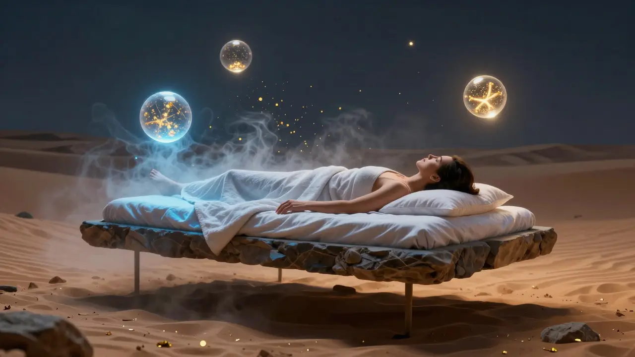 A surreal figure floating above the desert, surrounded by glowing orbs symbolizing stress relief and healing.