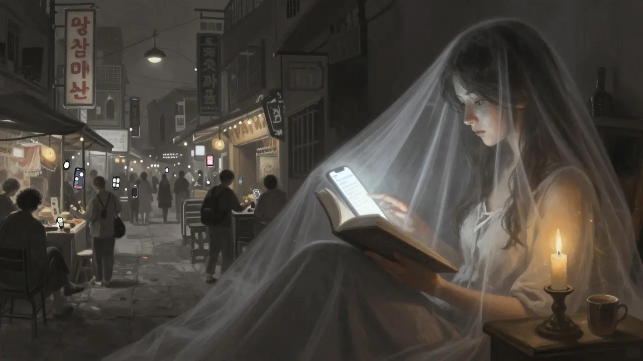 A symbolic split scene showing chaotic public life versus serene private companionship with encrypted messages.