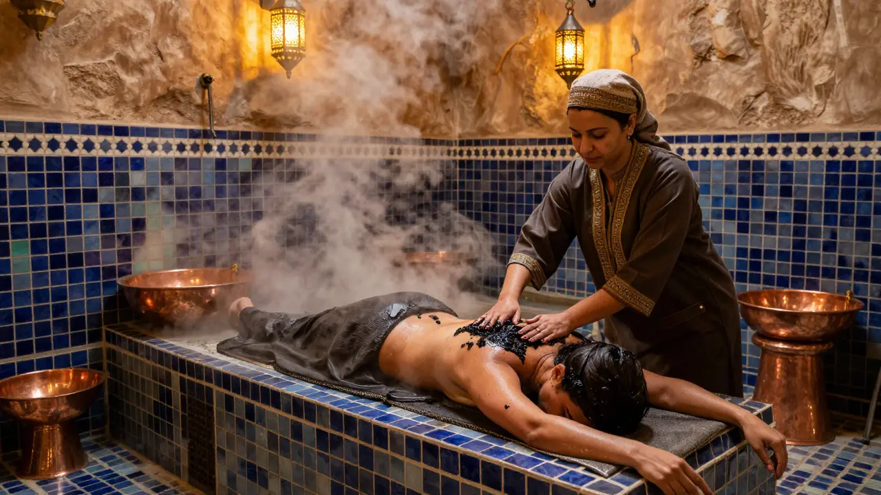 A traditional Arabic hammam ritual in a tiled steam room with exfoliation and copper basins.