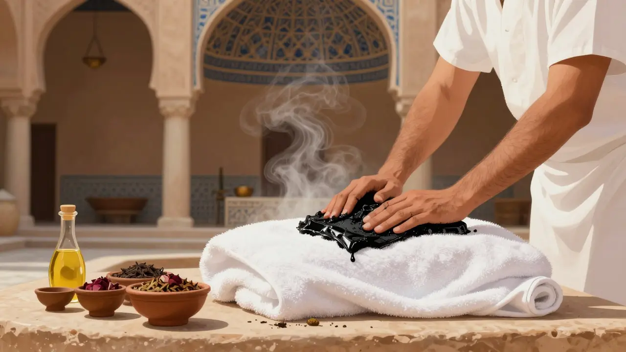 A traditional Arabic Hammam ritual with steam, black soap, and herbal oils in a tiled courtyard spa.