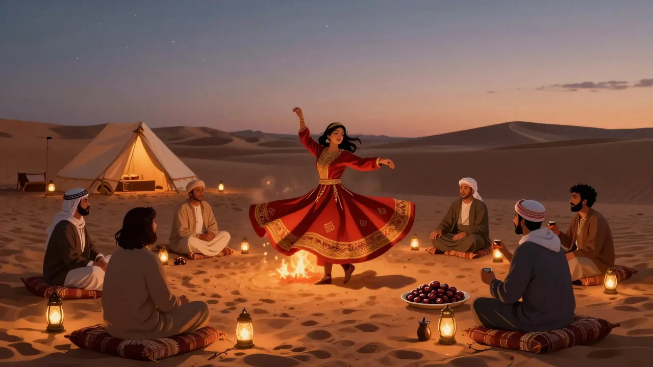 A traditional Tanoura dancer spinning in a desert camp as guests share coffee under glowing lanterns.