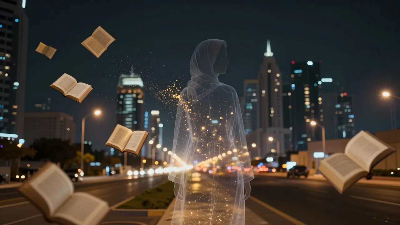 A translucent figure blends into Dubai's city lights and floating book pages, symbolizing quiet human connection.