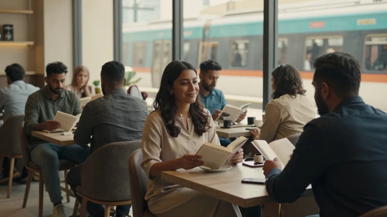 A woman and client chatting respectfully in a cozy Dubai café, with a metro train passing outside the window.