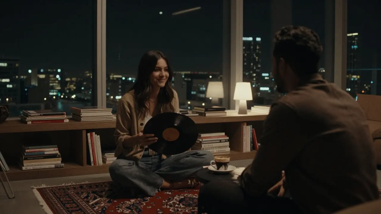 A woman holding a vinyl record in a cozy Dubai lounge, books and art around them, warm lamplight, serene atmosphere.