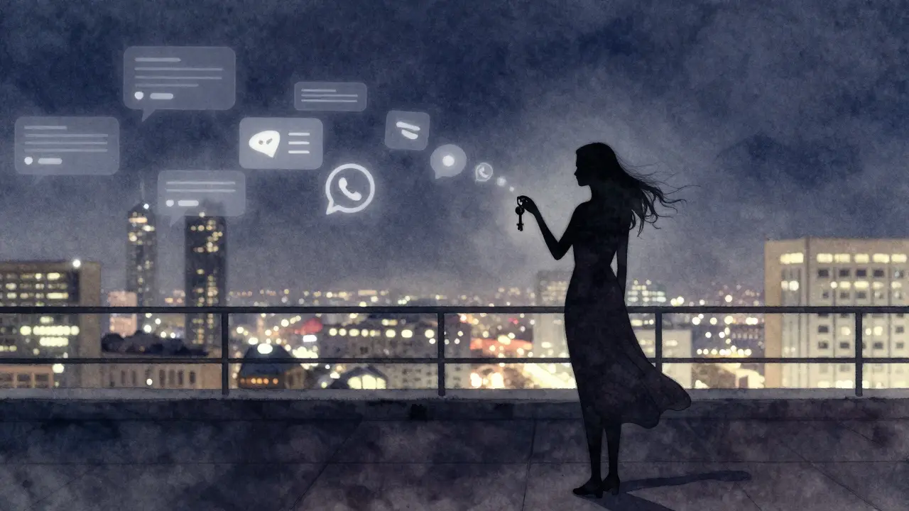 A woman on a rooftop terrace at night holding a key, with digital messages fading into the skyline behind her.