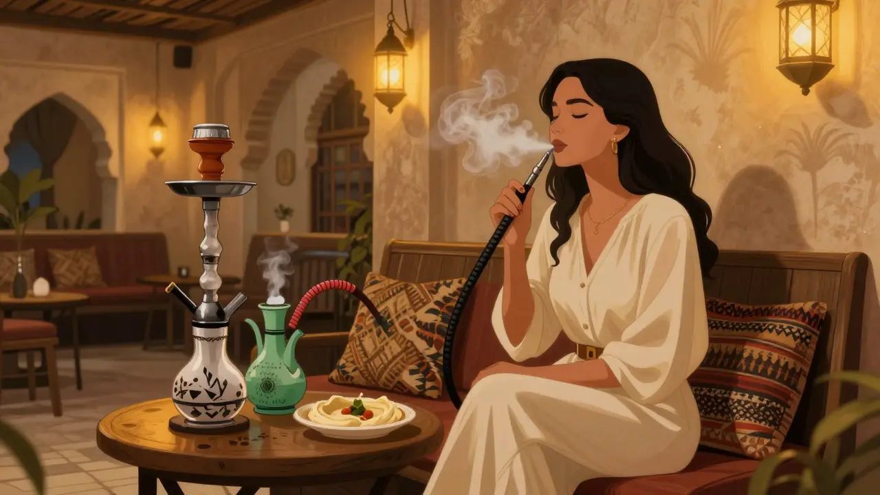 A woman relaxing at a shisha lounge in Dubai with a water pipe and tea under warm lantern light.