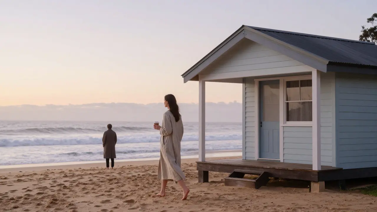A woman walking alone on a misty beach at sunrise in Manly.