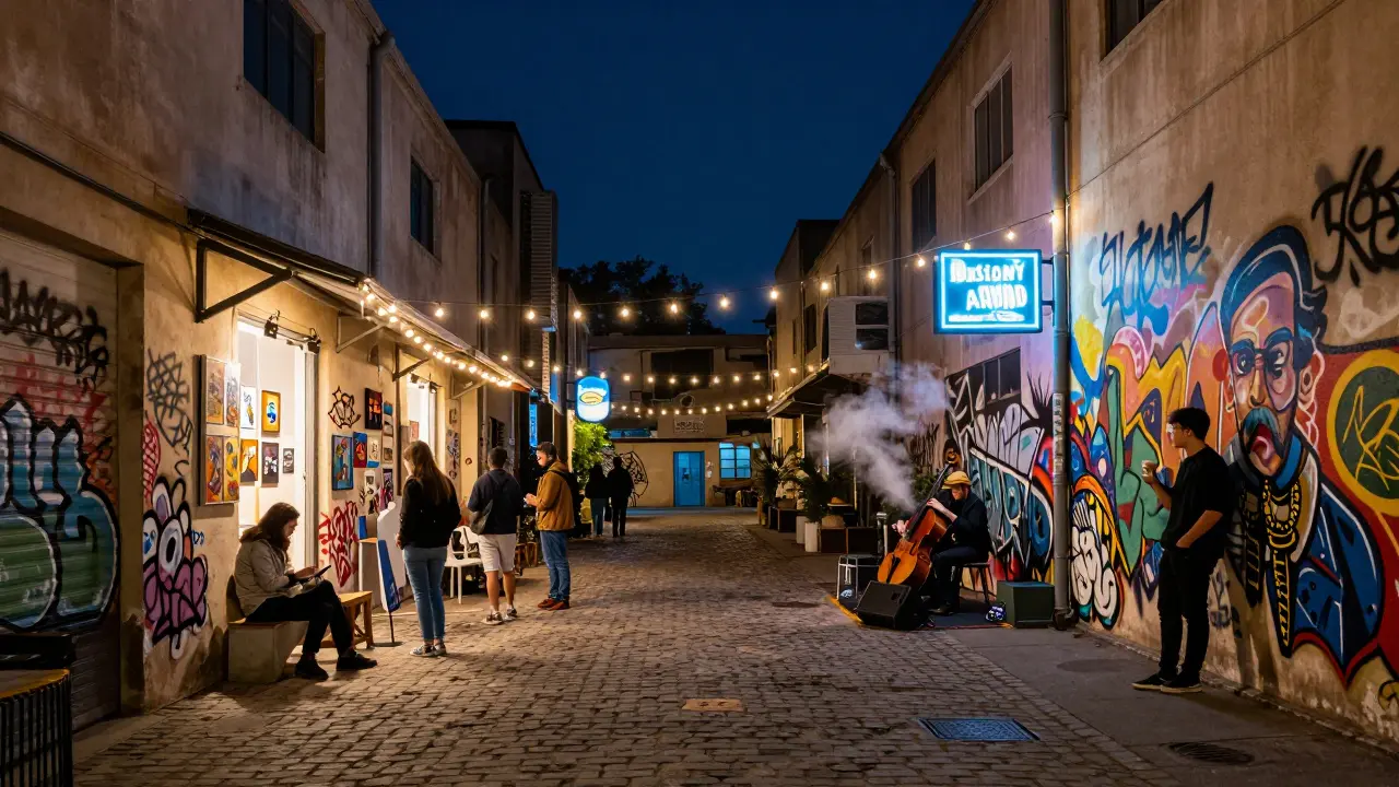 Alserkal Avenue at night with art installations, string lights, and a live jazz performance on cobblestone streets.