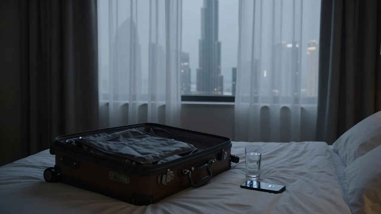 An open suitcase and a phone with a missed call sit on a hotel bed, dimly lit with city lights visible through parted curtains.