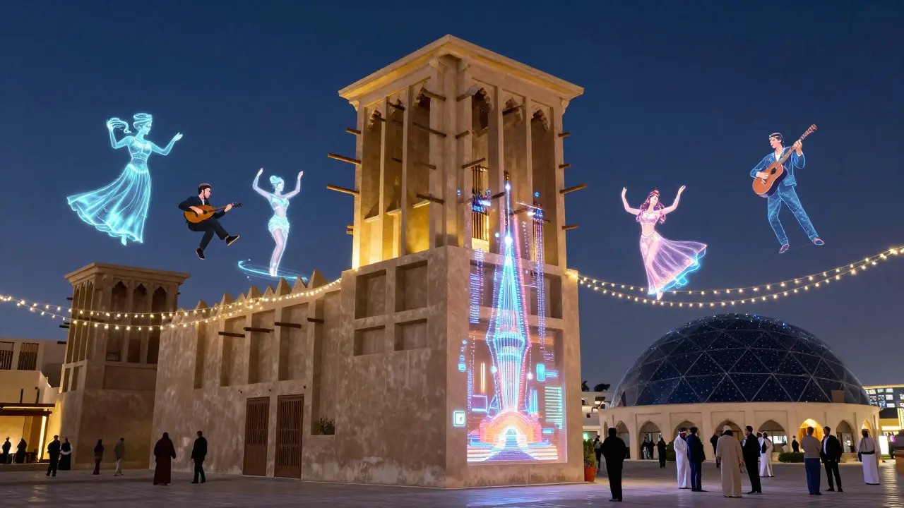 Ancient Emirati wind tower transformed into a glowing digital art space with holographic dancers.