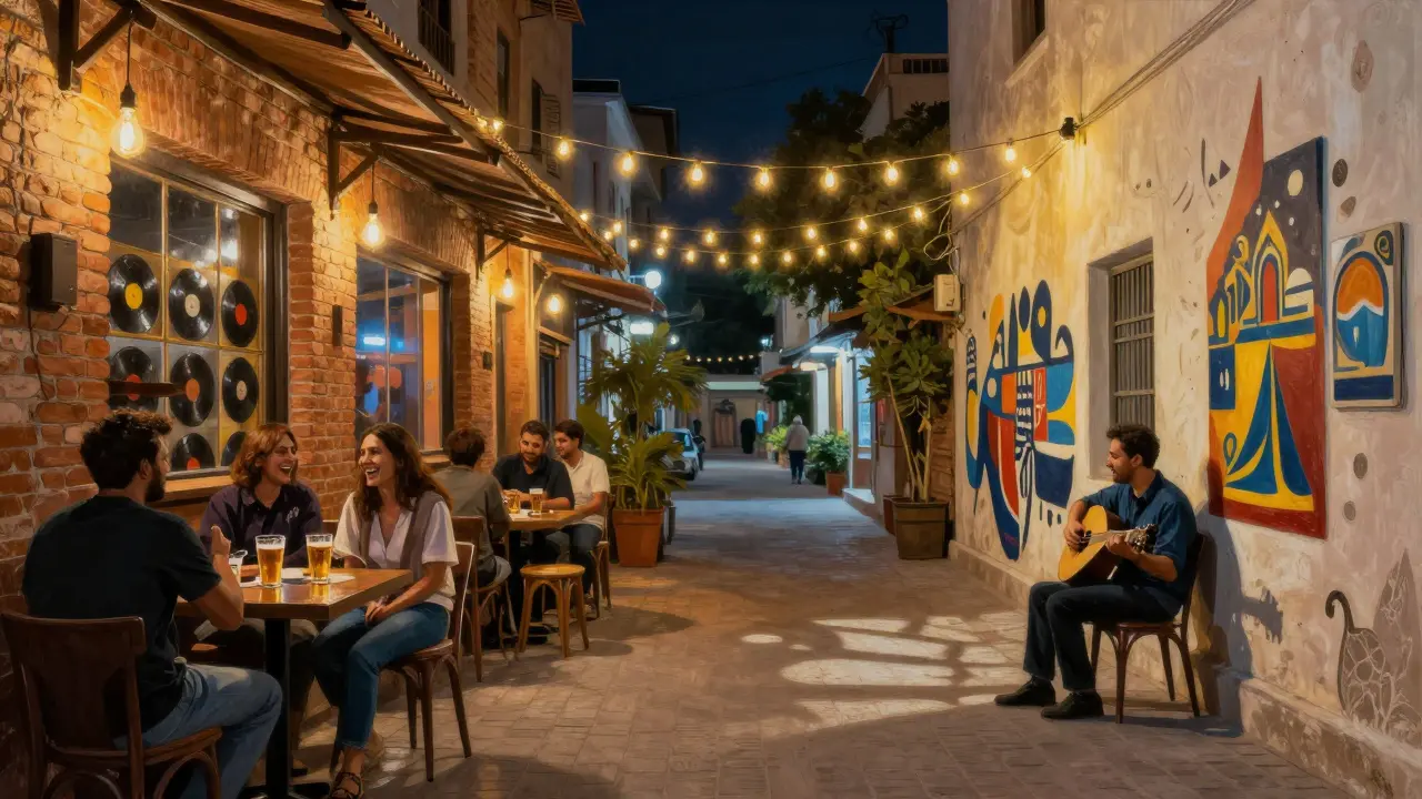 Artistic alley in Al Serkal Avenue lit by warm bulbs, patrons at indie bars with vinyl shops and murals.