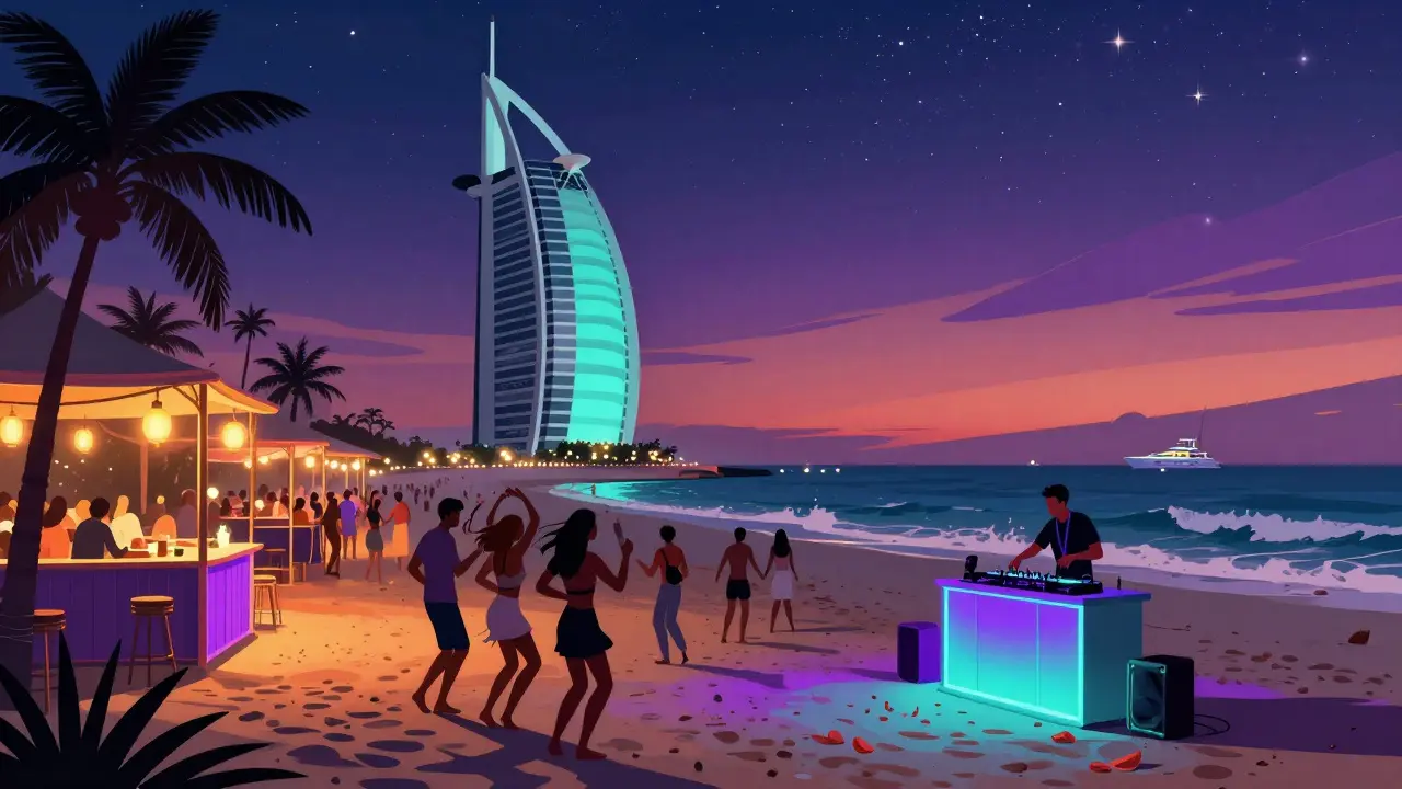 Beach club on Jumeirah Road at night with dancers on sand under starry sky and glowing water views.