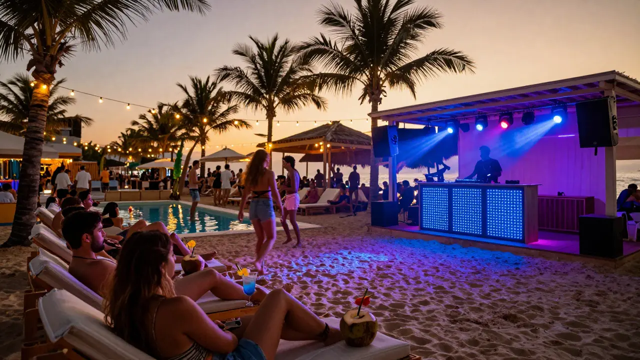 Beach club party at midnight with guests on daybeds, poolside DJs, and coconuts with cocktails.