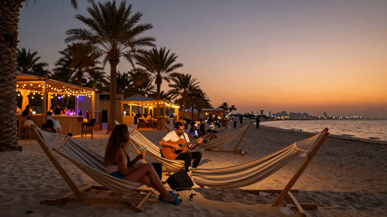 Beachside lounge at sunset in Dubai transitioning to night, with hammocks, acoustic music, and twinkling fairy lights.