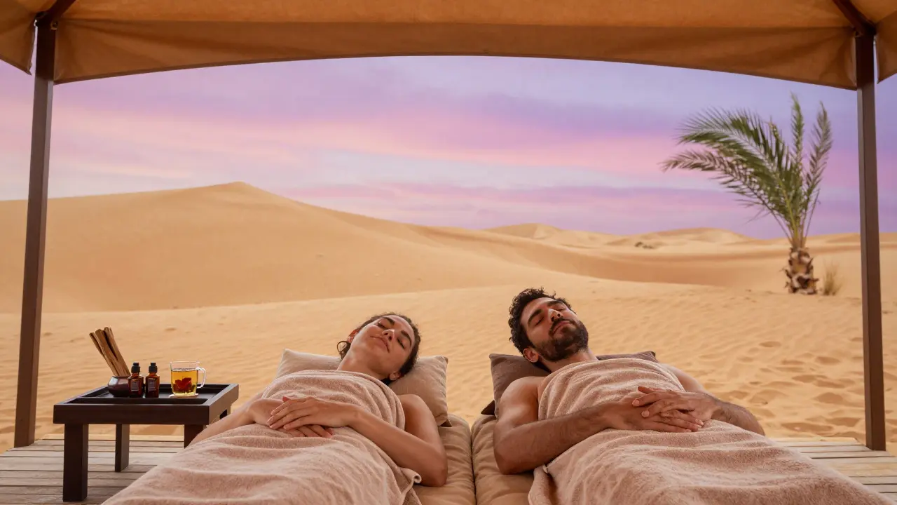 Couple relaxing in a desert spa tent after a massage, wrapped in towels under a twilight sky.