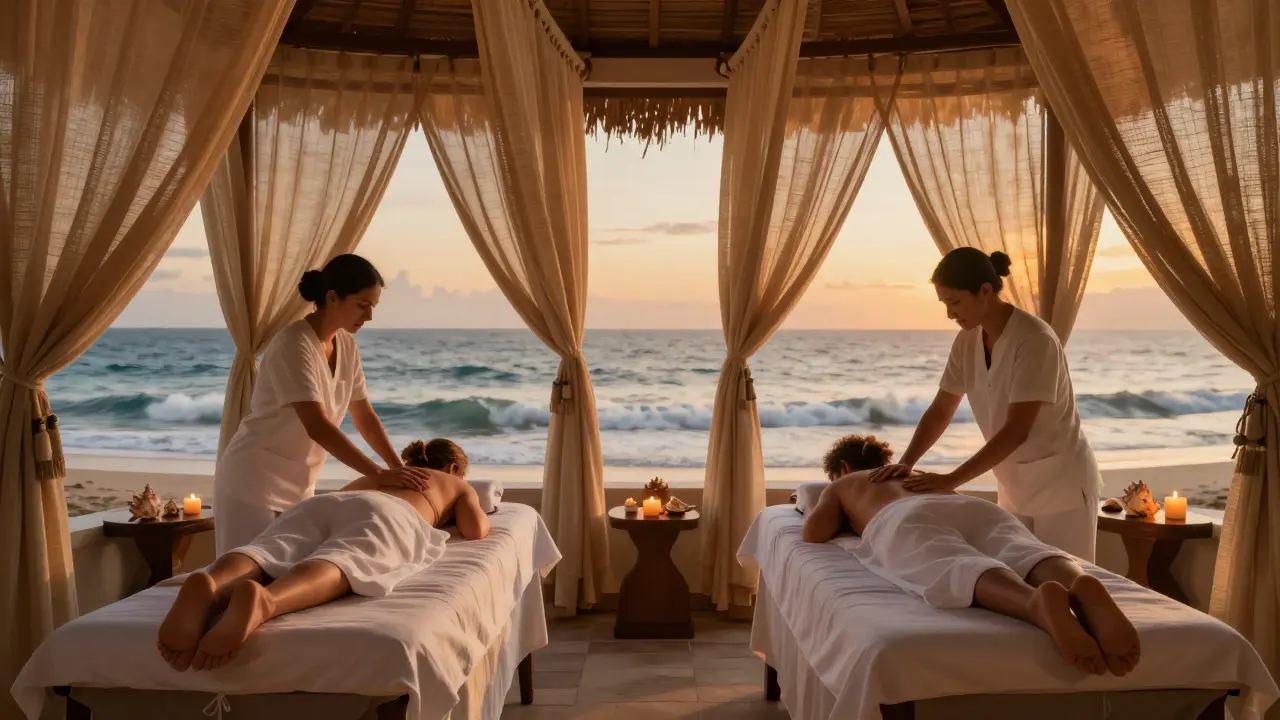 Couples enjoying side-by-side massages with ocean views at sunset in Dubai.