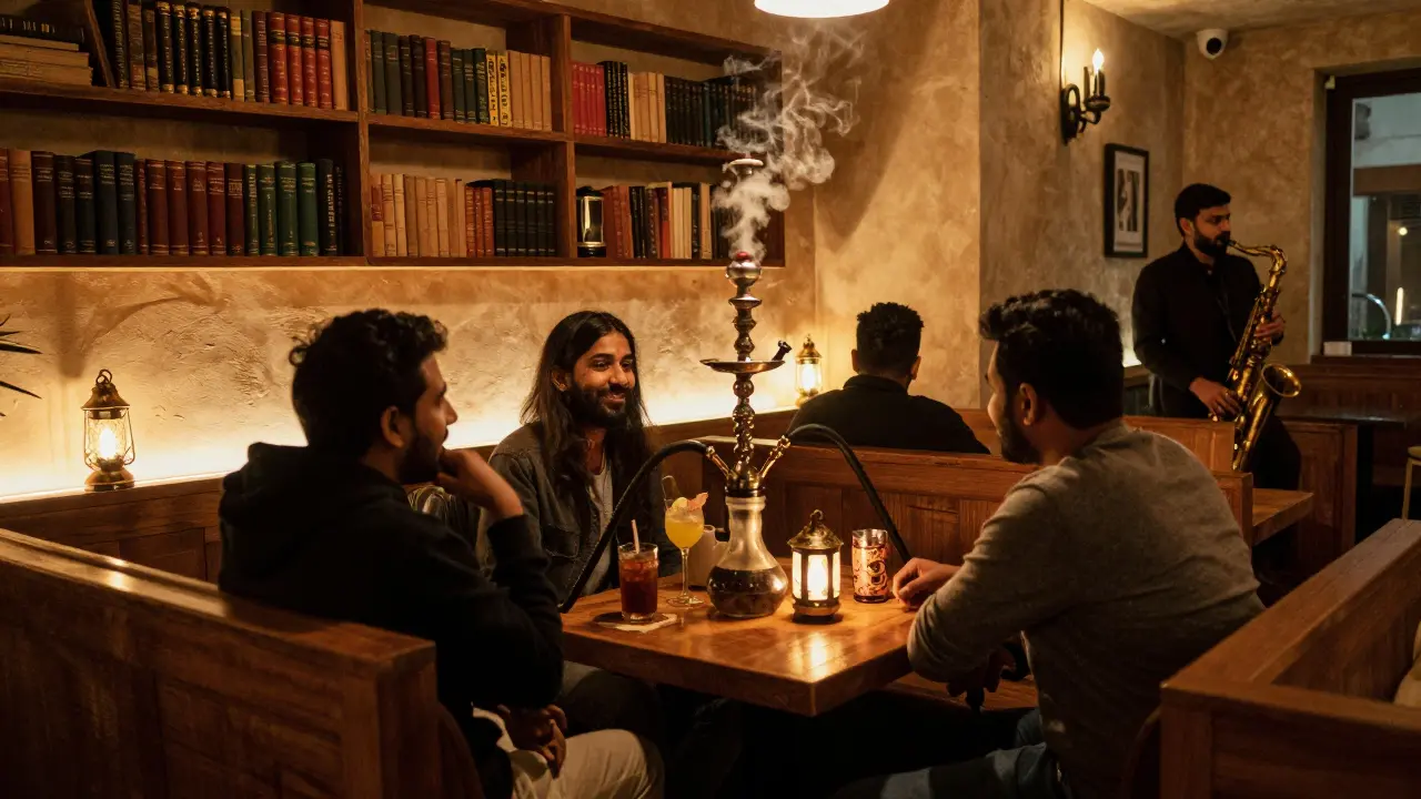 Cozy hookah lounge with warm lighting, smoke curling, and a jazz musician playing softly.