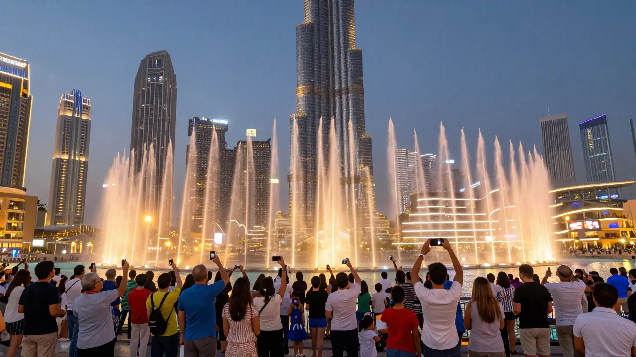 Crowds gathered at the Dubai Fountain watching colorful water displays lit by the Burj Khalifa.