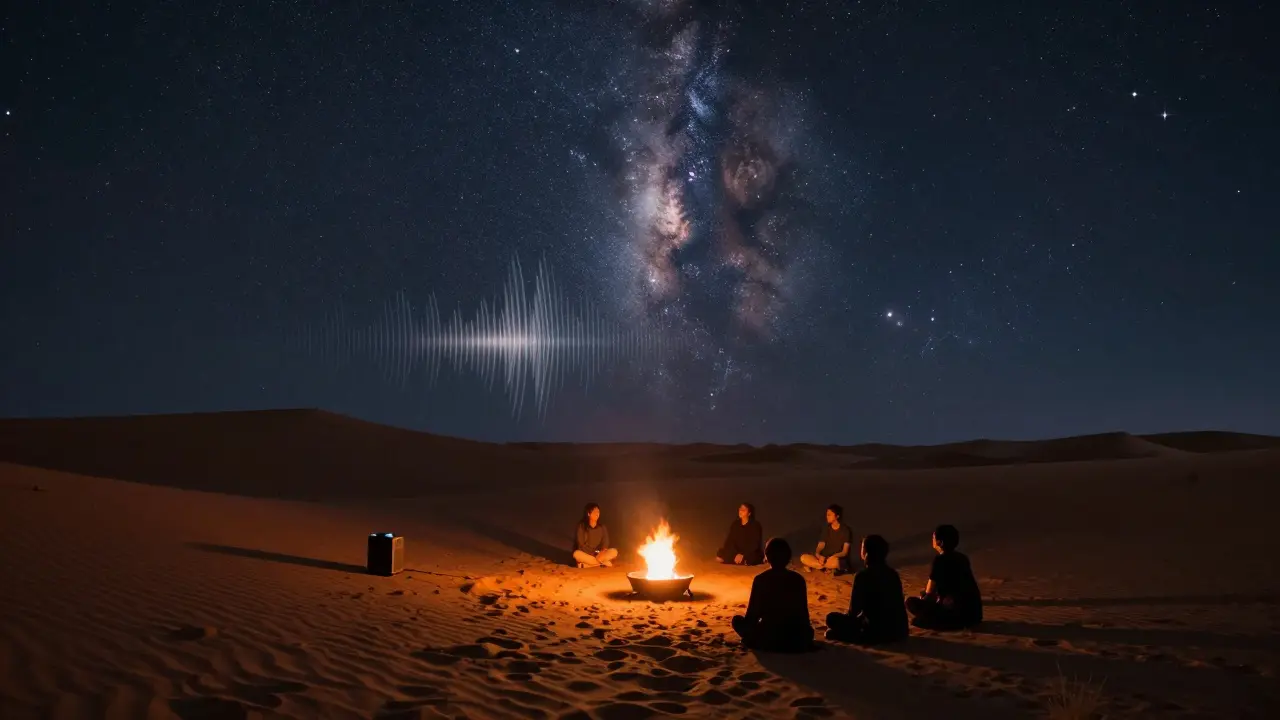 Desert after party at dawn with firepit, sound waves rising into starry sky over dunes.