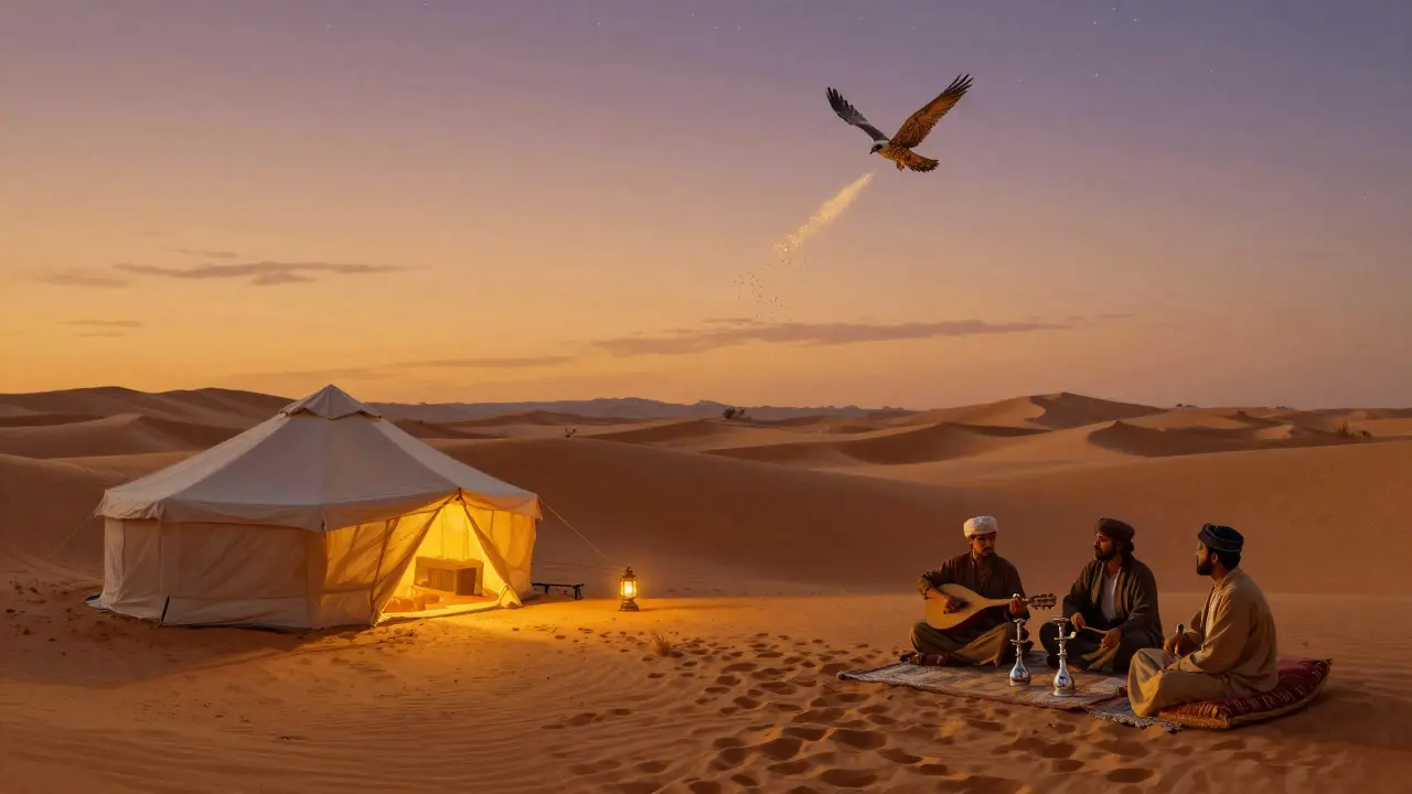 Desert safari at sunset with Bedouin tent, oud music, and golden dunes under a starlit sky.