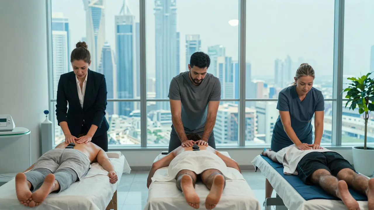Diverse Dubai professionals receiving different massage therapies in a bright, modern spa environment.