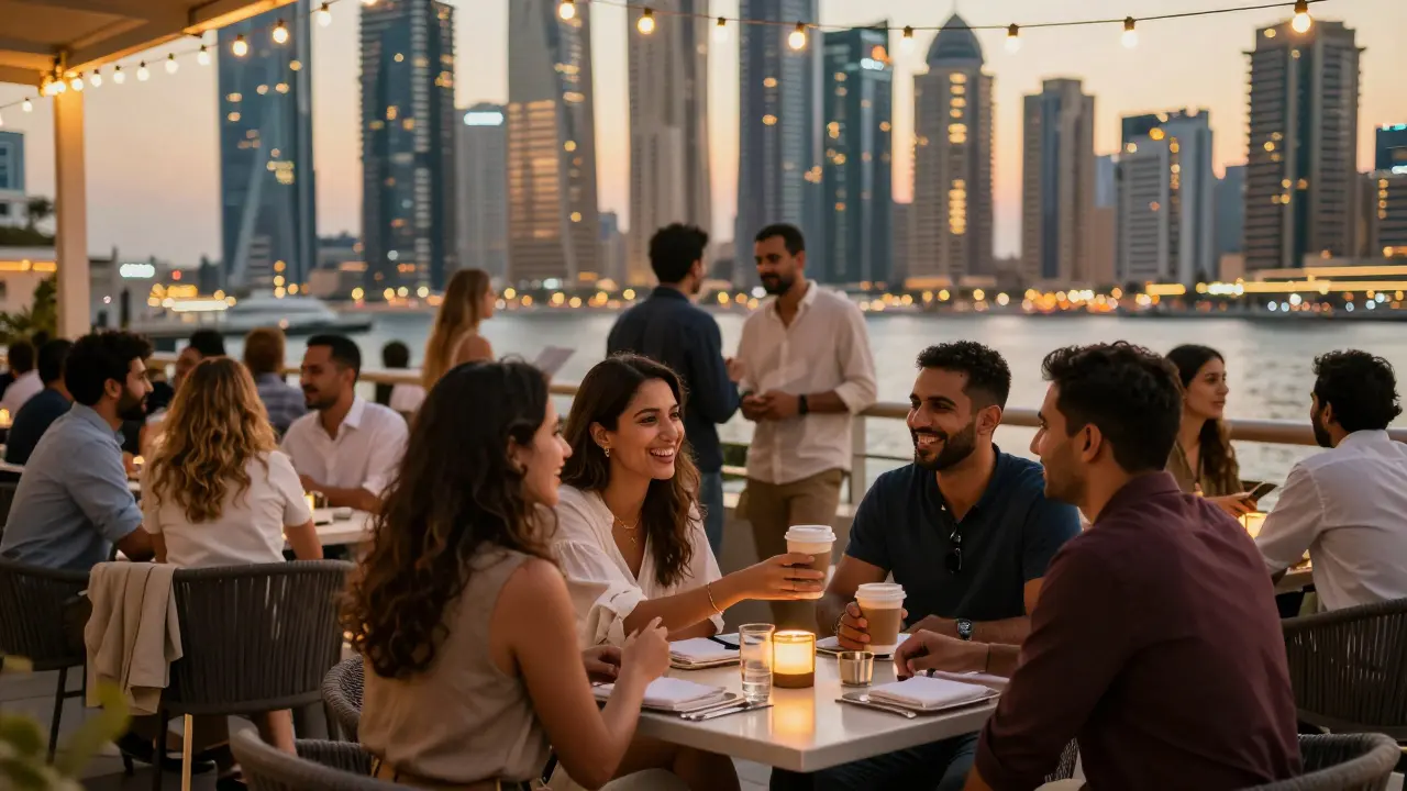 Diverse group of expats socializing at a Dubai Marina café at sunset.