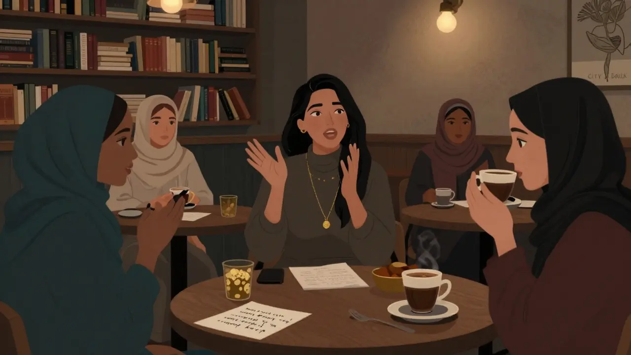 Diverse group of women at a cozy cafe poetry night, one speaking passionately among bookshelves.