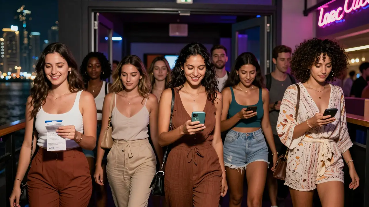 Diverse group of women entering a stylish Dubai nightlife spot, conveying safety and community.