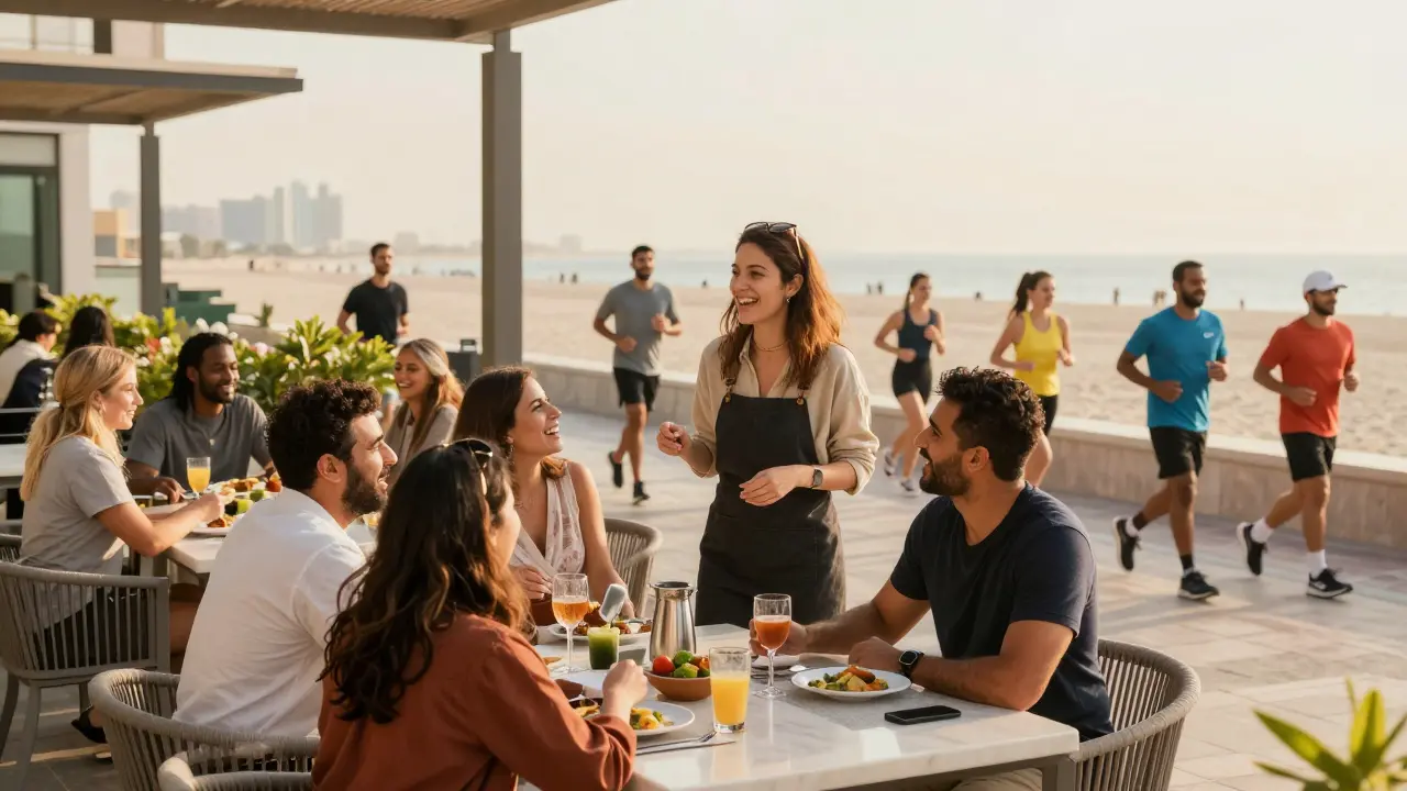 Diverse people enjoying social activities at a Dubai rooftop club and beach running path.