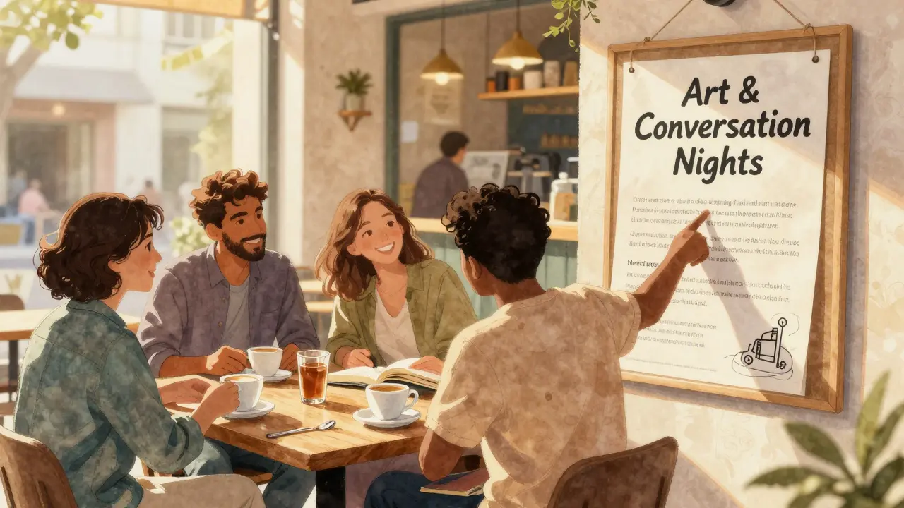 Diverse people socialize at a sunny Dubai café, one pointing to a Meetup event flyer.