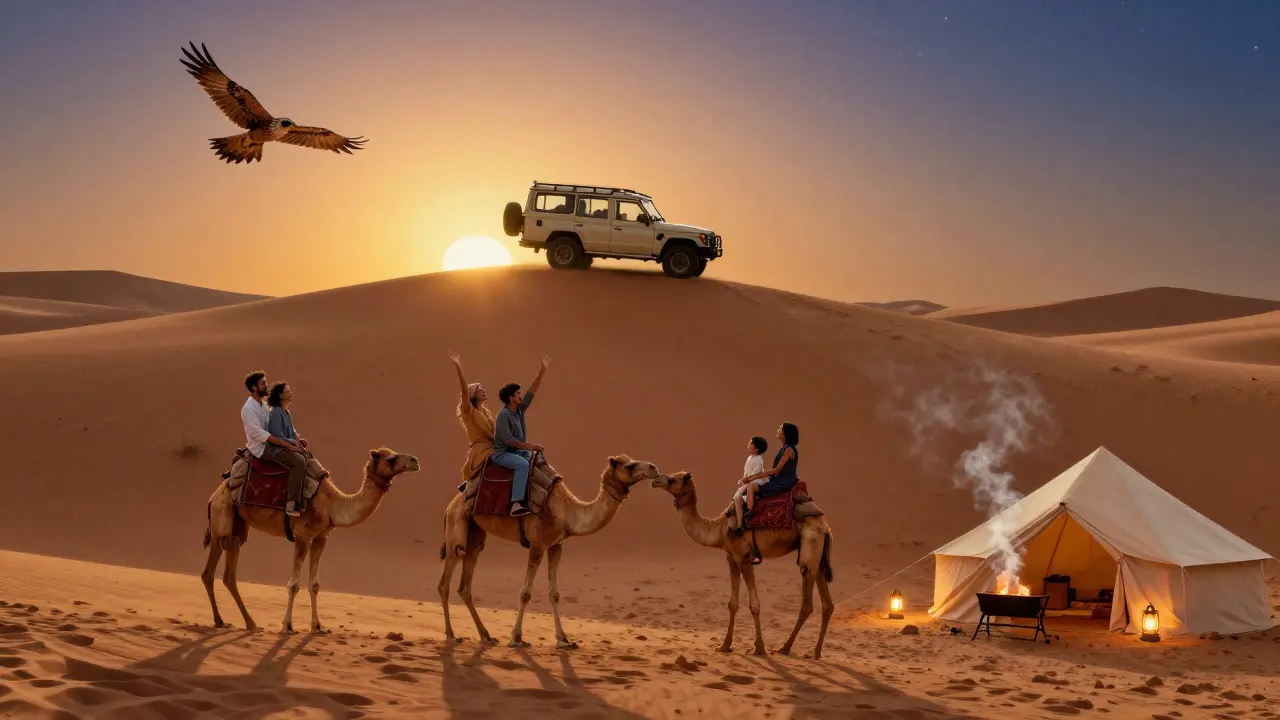 Family riding camels at sunset on golden dunes with a desert camp glowing under a starry sky.