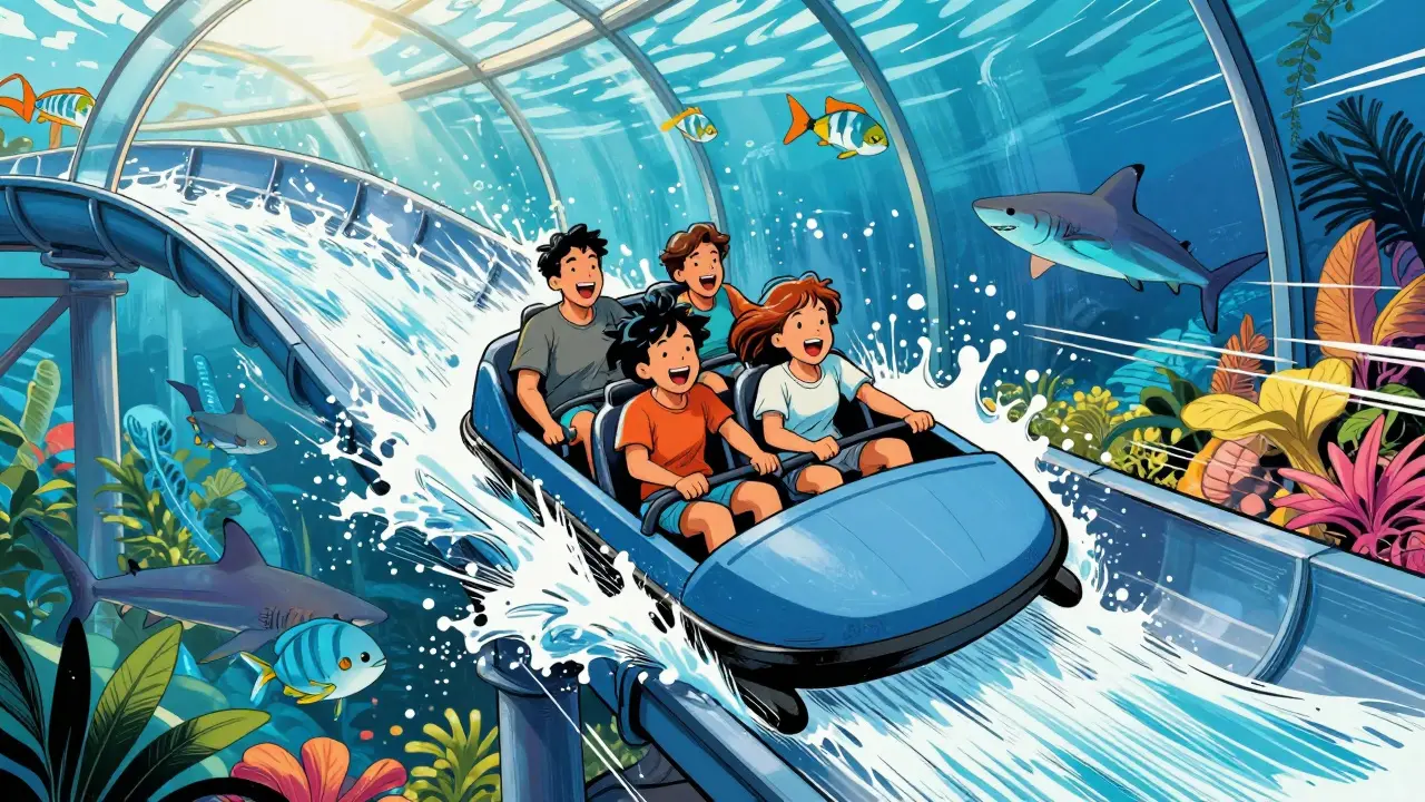 Family screaming with joy on a water slide at Atlantis Aquaventure, surrounded by sharks in an aquarium tunnel.
