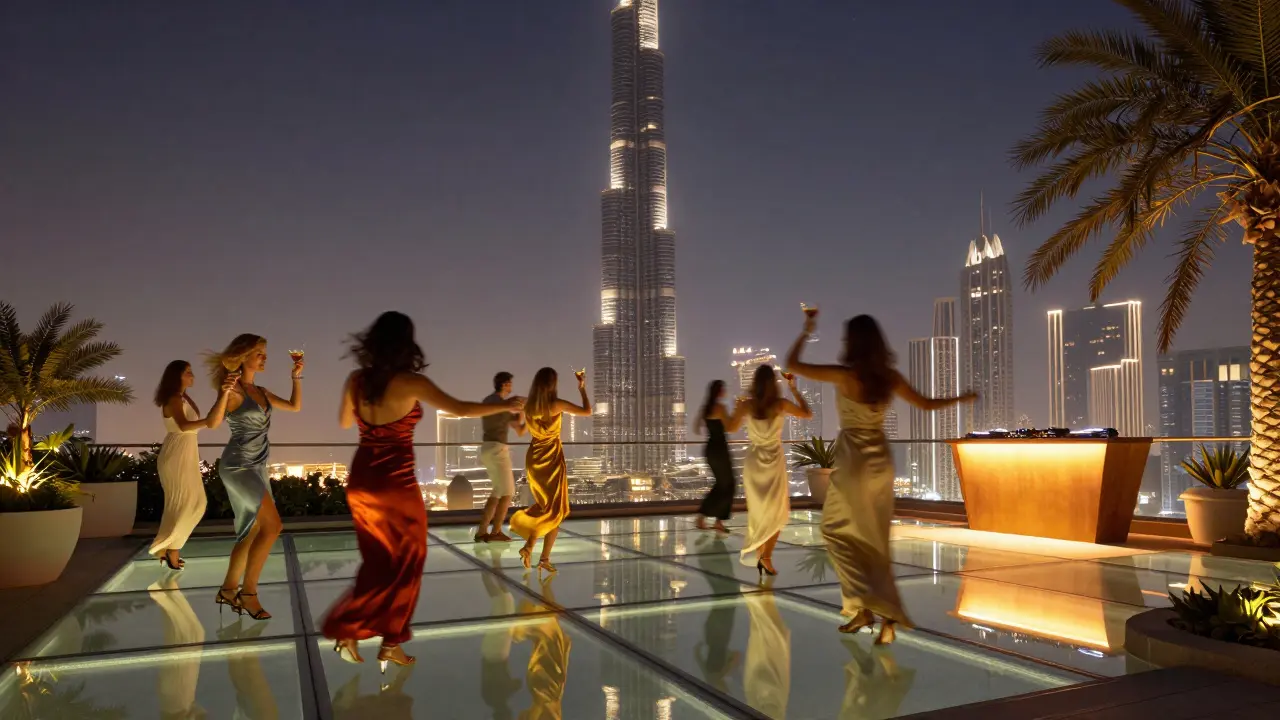 Guests dancing on a glowing glass floor at Cielo Dubai, Burj Khalifa sparkling in the night sky.