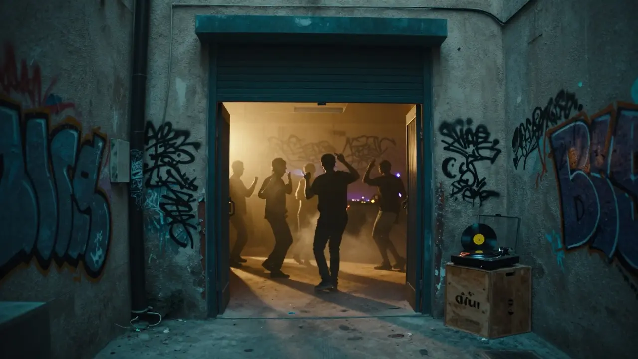 Hidden warehouse after party in Al Quoz with dancers silhouetted against warm light and graffiti walls.