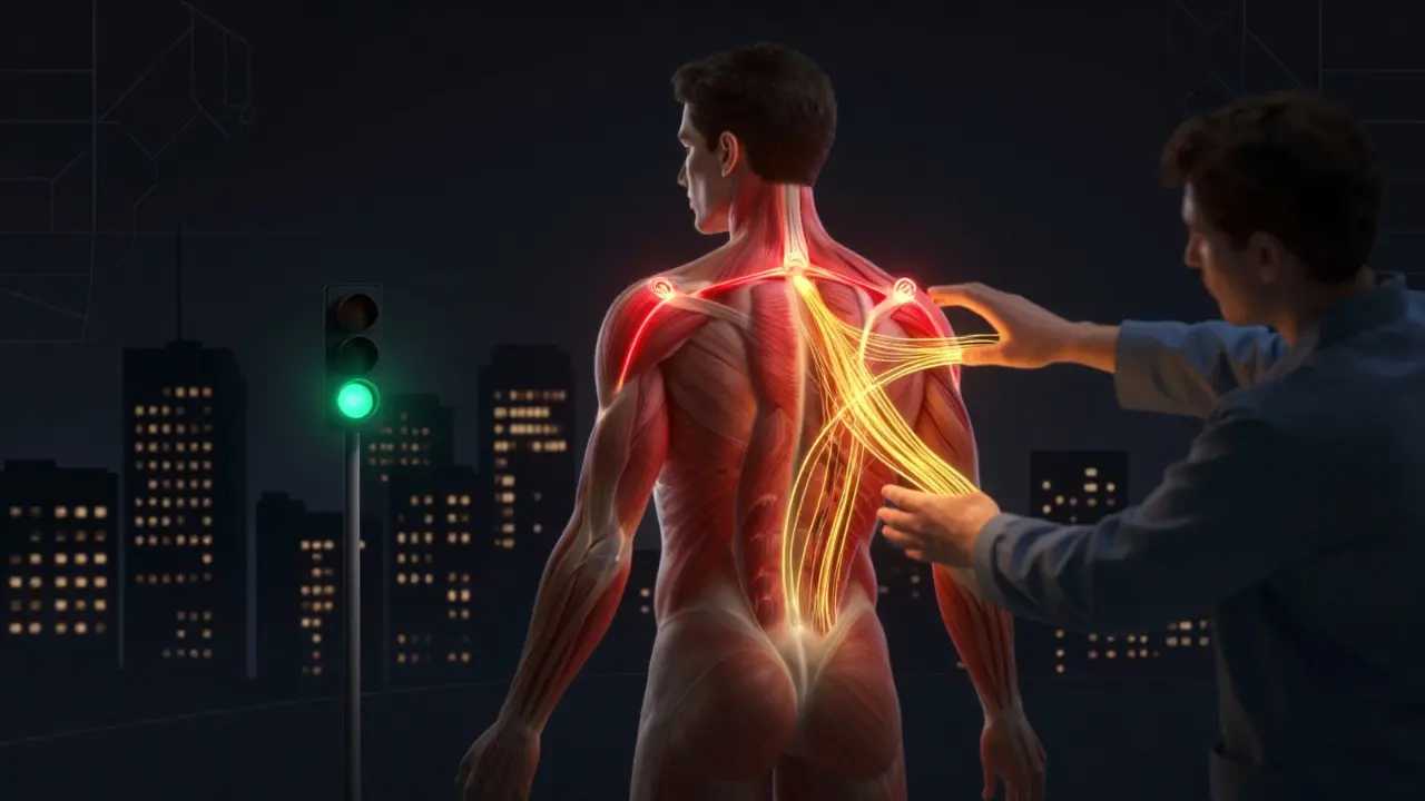 Human body as a cityscape with tension knots glowing red, healed by golden energy streams from massage hands.
